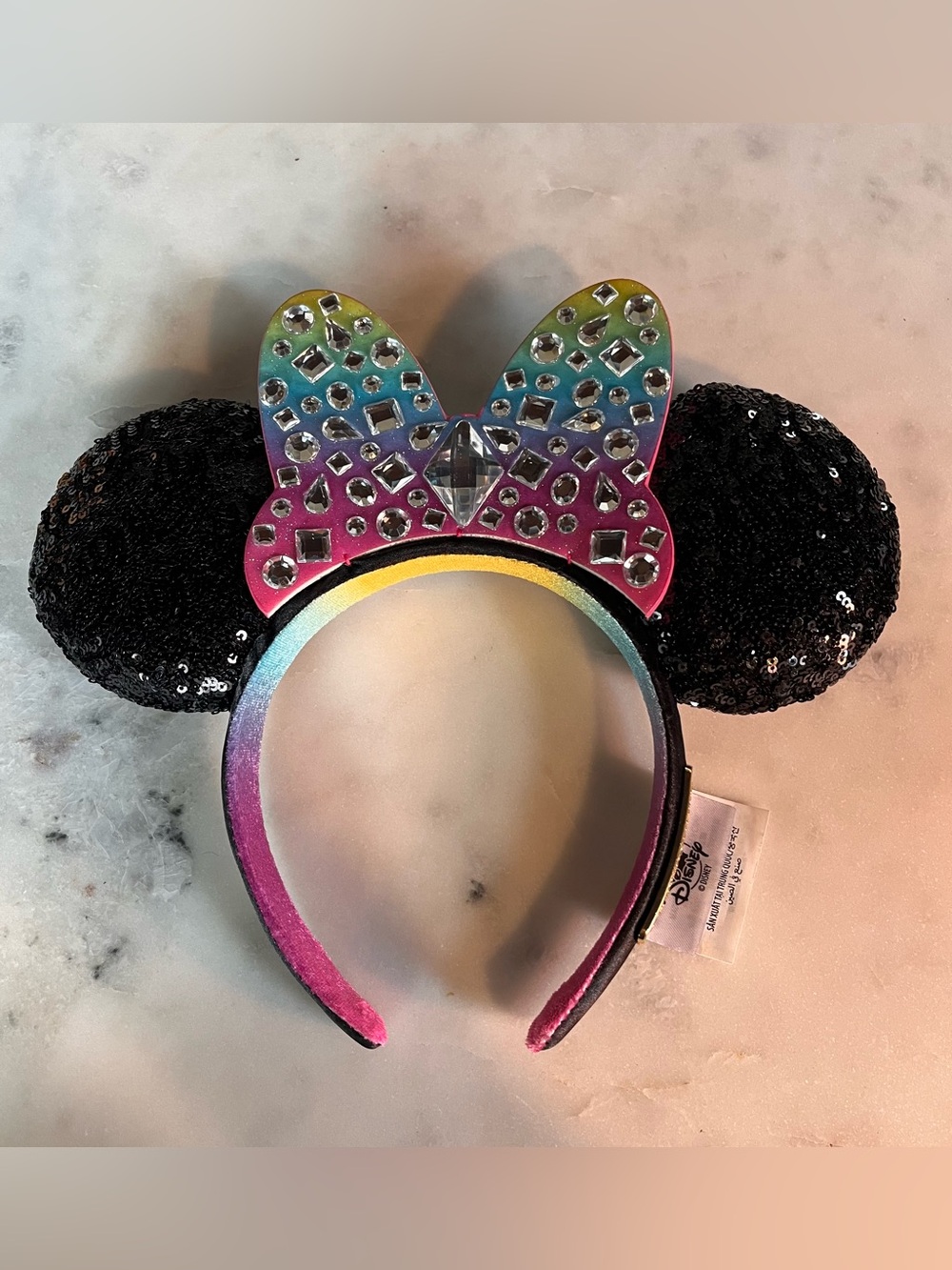 Official Disney Parks Black Sequin Minnie Mouse Ears -Rainbow Rhinestone Gem Bow